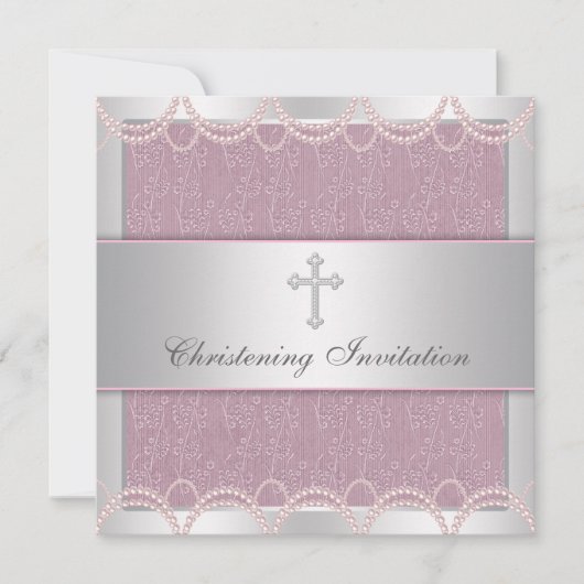 Invitation Baptême bébé fille Croix Perle Rose (Devant)