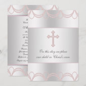 Invitation Baptême bébé fille Croix Rose (Devant / Derrière)