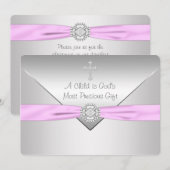 Invitation Baptême bébé fille Croix Rose (Devant / Derrière)