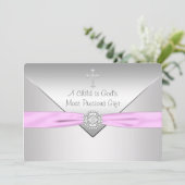 Invitation Baptême bébé fille Croix Rose (Debout devant)
