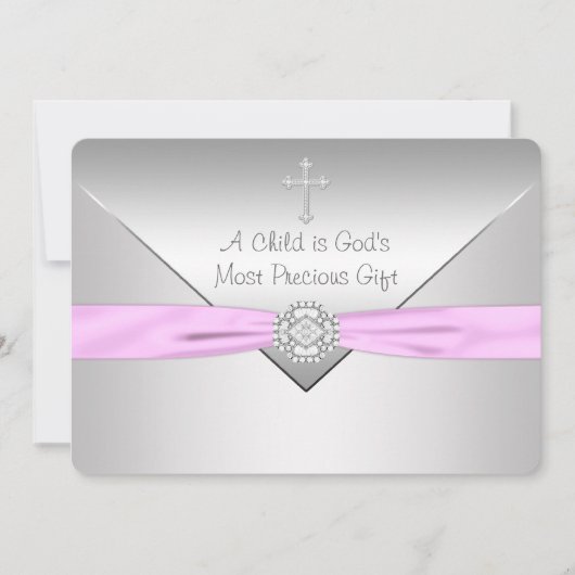 Invitation Baptême bébé fille Croix Rose (Devant)