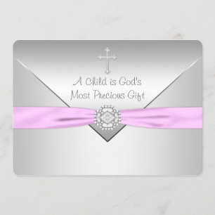 Invitation Baptême bébé fille Croix Rose