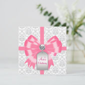 Invitation Baptême bébé fille damas gris rose (Debout devant)