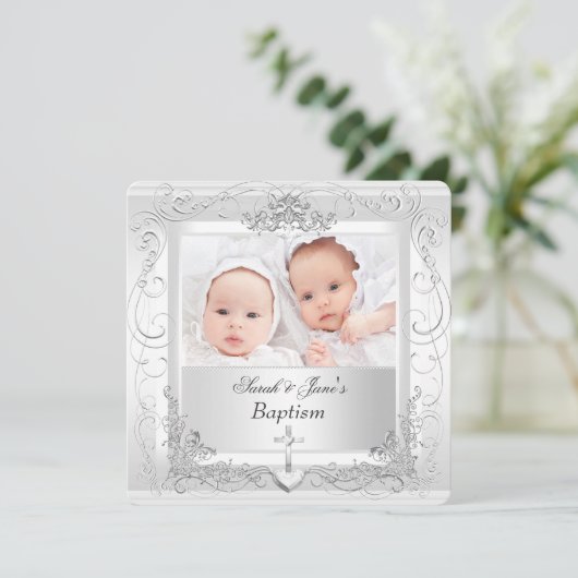 Invitation Baptême Bébé Fille Garçon Blanc 2a (Debout devant)