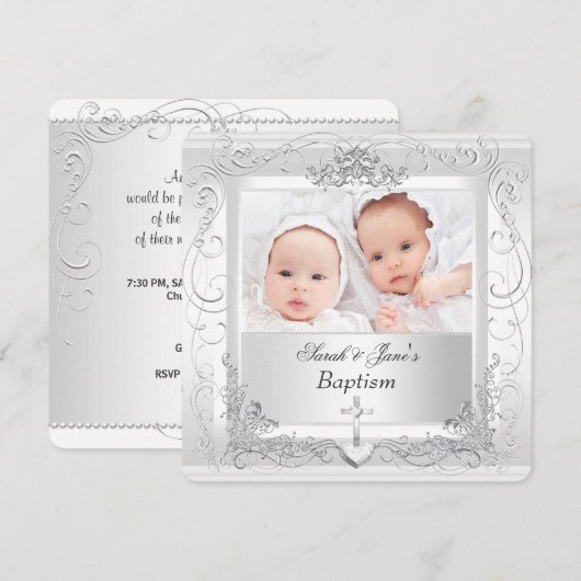 Invitation Baptême Bébé Fille Garçon Jumeaux Blanc 2a (Devant / Derrière)