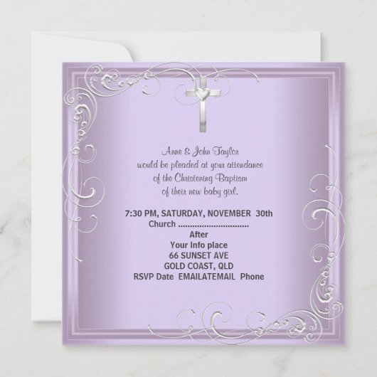 Invitation Baptême bébé fille lilas croix blanc (Dos)