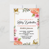 Invitation Baptême Bébé Fille Papillon Aquarelle Florale  (Devant)