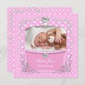 Invitation Baptême Bébé Fille Rose Points 2 (Devant / Derrière)