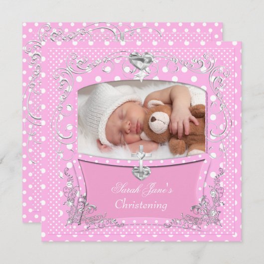 Invitation Baptême Bébé Fille Rose Points 2 (Devant / Derrière)