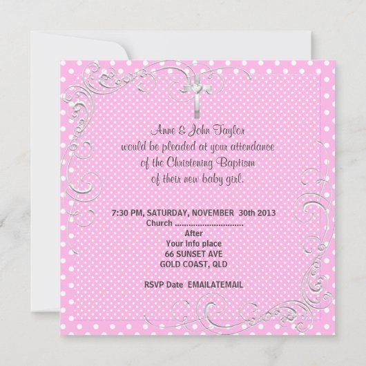 Invitation Baptême Bébé Fille Rose Points 2 (Dos)