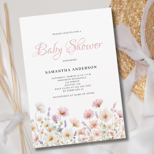 Invitation Baptême Bébé Fleurs Aquarelle Rose