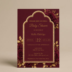 Invitation Baptême Bébé Fleurs Bordeaux & Or