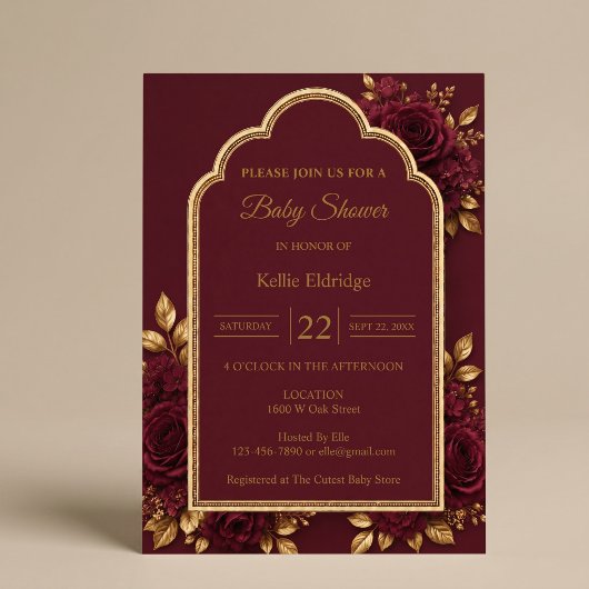 Invitation Baptême Bébé Fleurs Bordeaux & Or