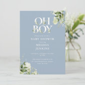 Invitation Baptême Bébé Garçon Code QR Dusty Blue Oh Boy Gree (Debout devant)
