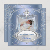 Invitation Baptême Bébé Garçon Croix Bleue Argent (Devant / Derrière)