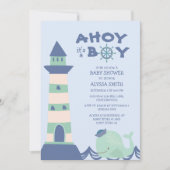 Invitation Baptême Bébé Garçon Phare Baleine Verte Bleue (Devant)