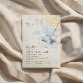 Invitation Baptême Bébé Garçon Swing Éléphant Aquarelle Bleue