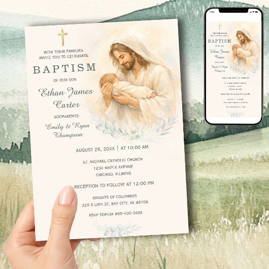 Invitation baptême bébé Jésus le tenant