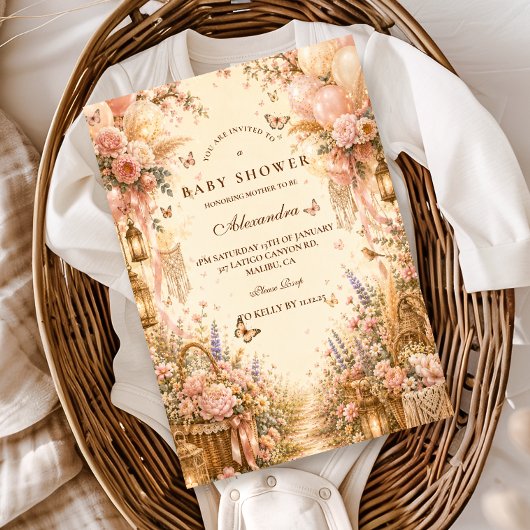 Invitation Baptême Bébé Papillon Bohème Élégant