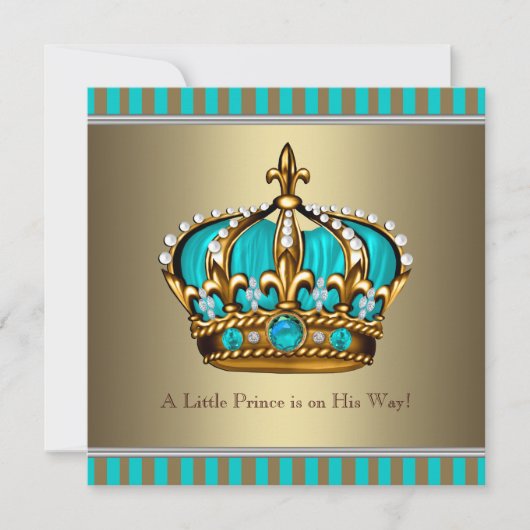 Invitation Baptême Bébé Prince Bleu Turquoise Or (Devant)