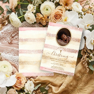 Invitation Baptême Bébé Rayures Pailletées Romantiques Délica