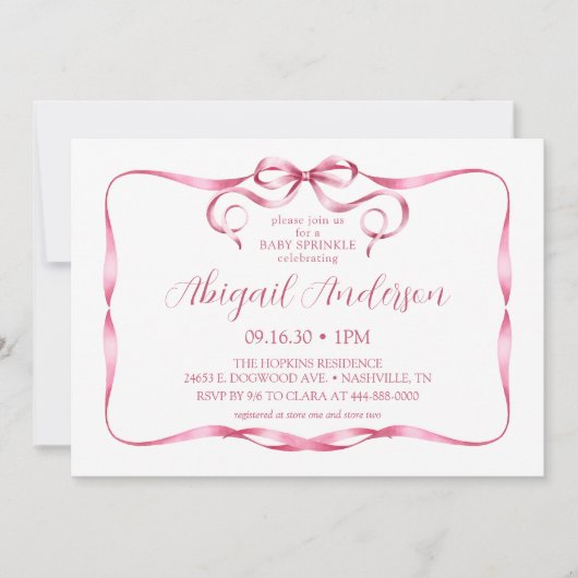 Invitation Baptême Bébé Ruban Rose Aquarelle (Devant)