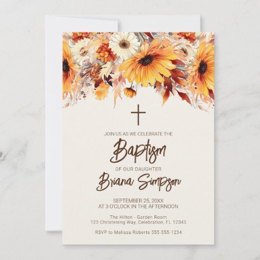 Invitation Baptême beige floral (Devant)