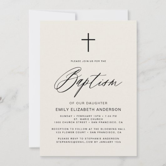 Invitation Baptême Beige Neutre Simple Script (Devant)