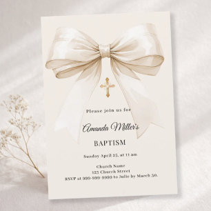 Invitation Baptême beige noeud Élégant
