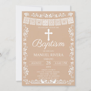 Invitation Baptême Beige Papel Picado