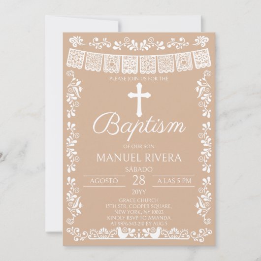 Invitation Baptême Beige Papel Picado (Devant)