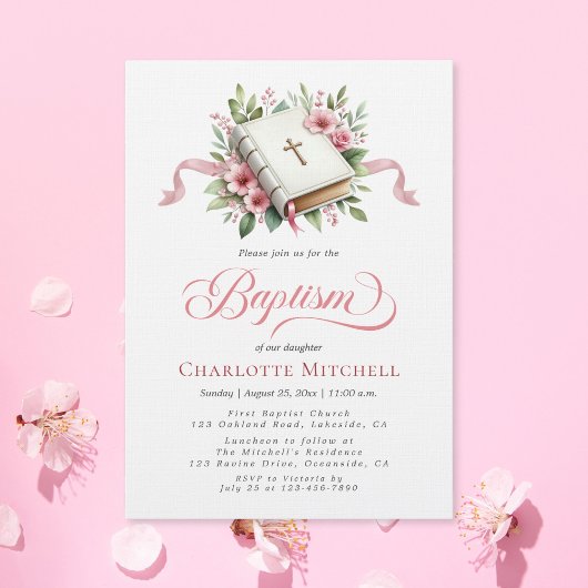 Invitation Baptême Biblique Fleur Rose Moderne