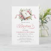 Invitation Baptême Biblique Fleur Rose Moderne (Debout devant)