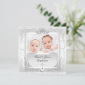 Invitation Baptême Blanc de Bébé Fille Garçon Jumeaux (Debout devant)