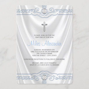 Invitation Baptême blanc et bleu Christening Satin blanc
