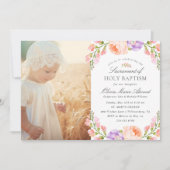 Invitation Baptême BLANC et Fleur Bébé Photo Baptême (Devant)
