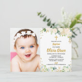 Invitation Baptême blanc et or, photo de baptême (Debout devant)