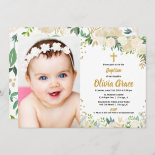 Invitation Baptême blanc et or, photo de baptême