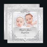 Invitation Baptême Blanc Fille Garçon Jumeaux<br><div class="desc">Baptême Christening Fille Garçon Jumeaux Argent Blanc Floral Métal Modèle Élégant</div>