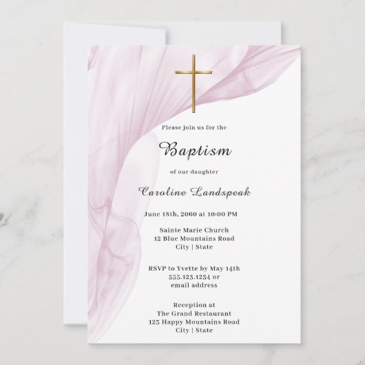 Invitation Baptême blanc, rose Voile & Gold Cross (Devant)