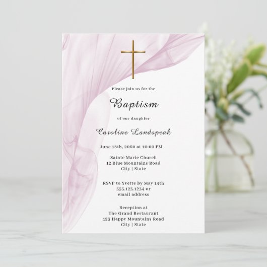 Invitation Baptême blanc, rose Voile & Gold Cross (Debout devant)