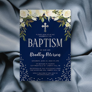 Invitation Baptême Bleu Argent Floral Garçon Baptême