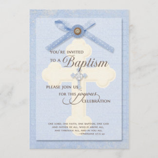 Invitation Baptême - Bleu avec croix et ruban