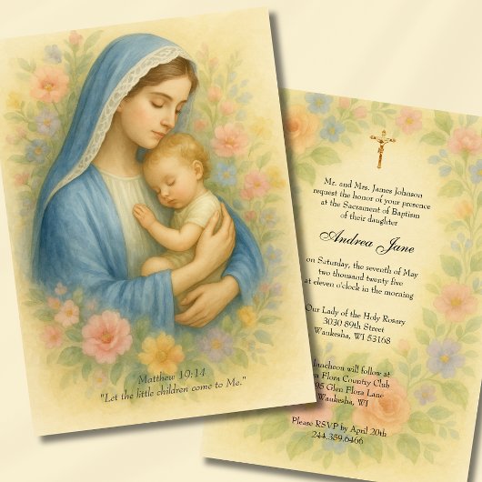 Invitation Baptême bleu azur mère et enfant floral
