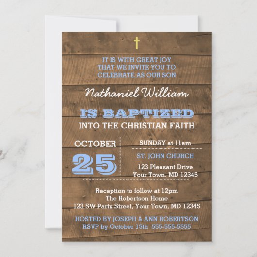 Invitation Baptême Bleu Barnwood (Devant)