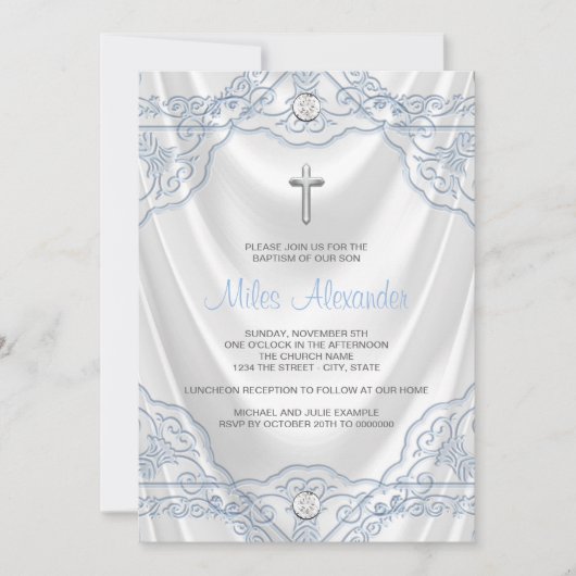 Invitation Baptême Bleu Bébé Blanc Satin (Devant)