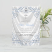 Invitation Baptême Bleu Bébé Blanc Satin (Debout devant)