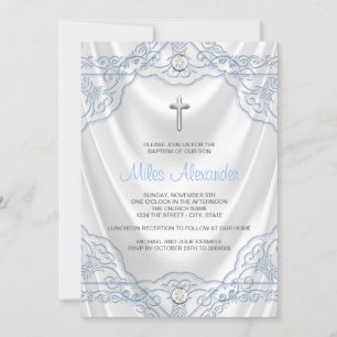 Invitation Baptême Bleu Bébé Blanc Satin