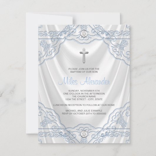 Invitation Baptême Bleu Bébé Blanc Satin (Devant)