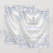 Invitation Baptême Bleu Bébé Blanc Satin (Devant / Derrière)
